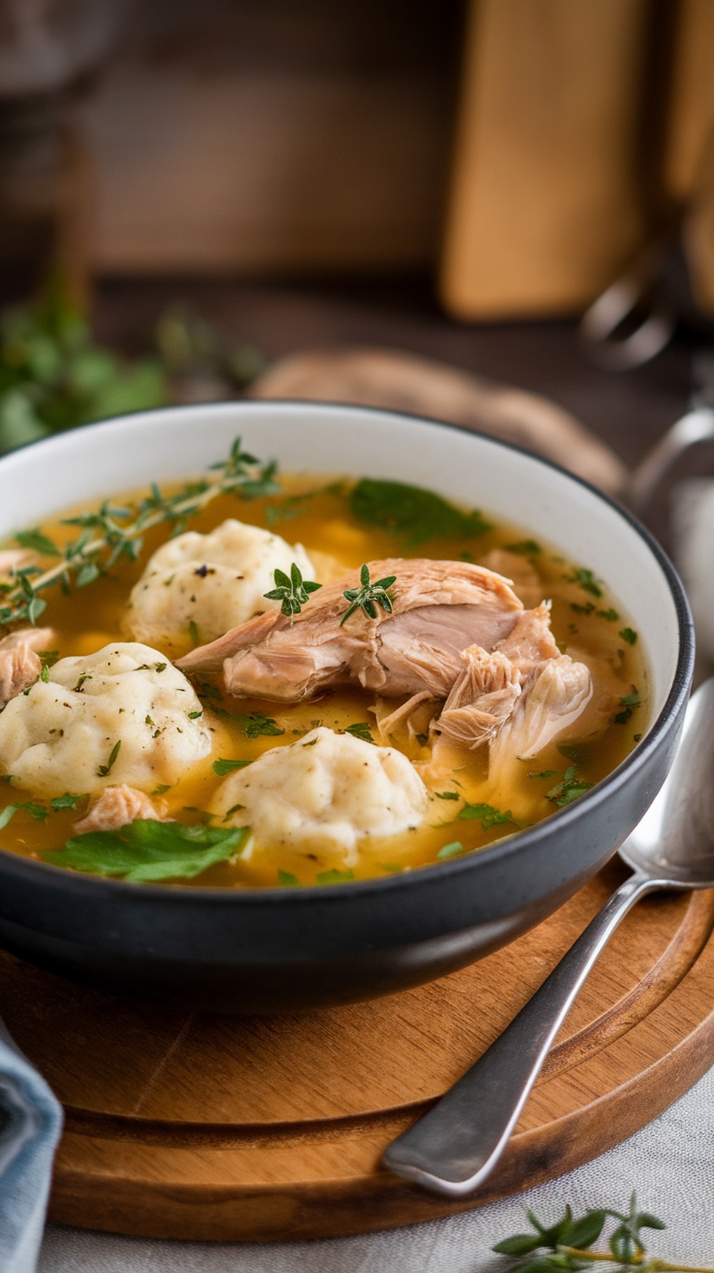 A warm bowl of chicken and dumplings with fluffy dumplings and tender chicken.