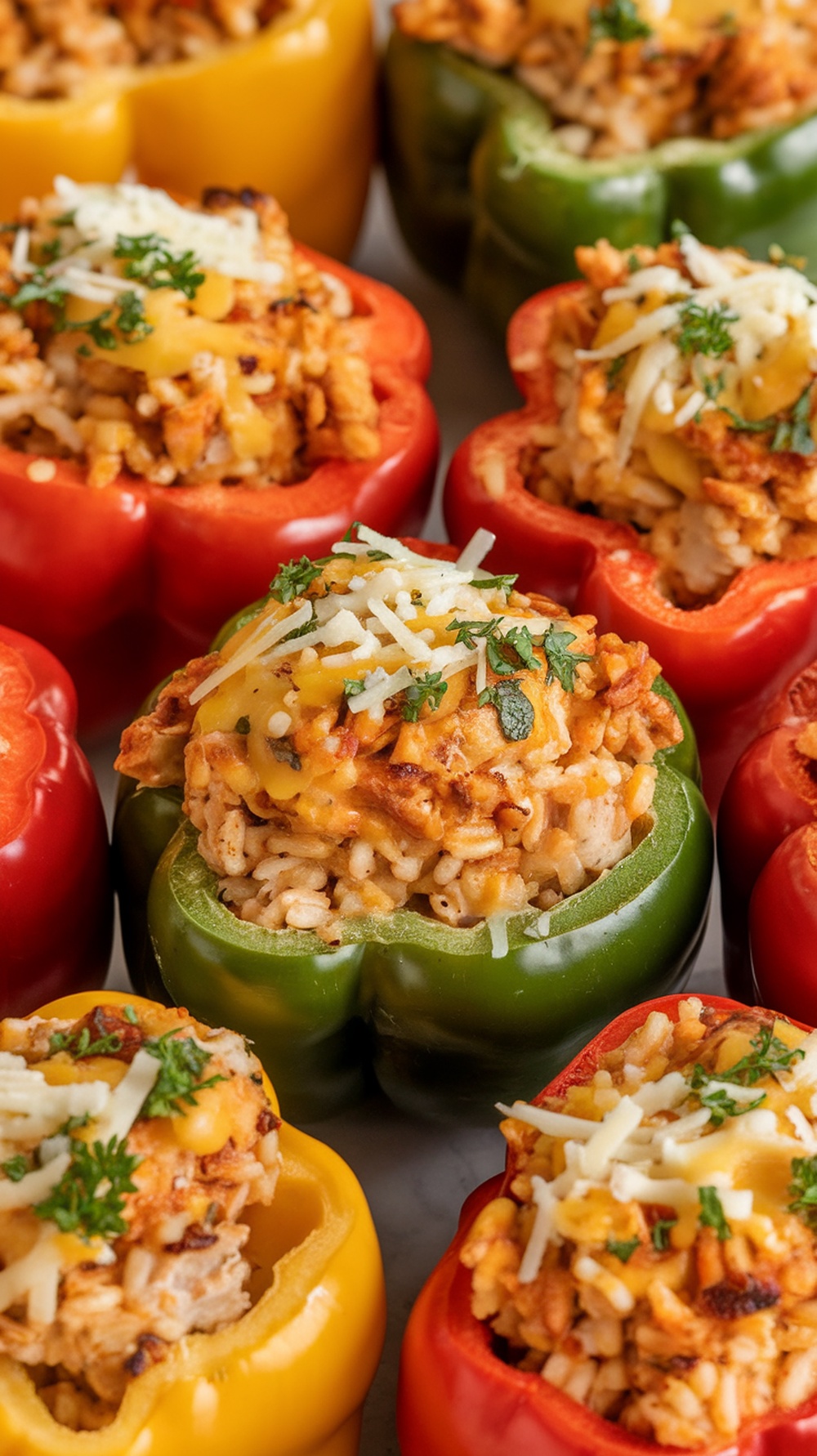 Colorful bell peppers stuffed with chicken and rice, topped with cheese
