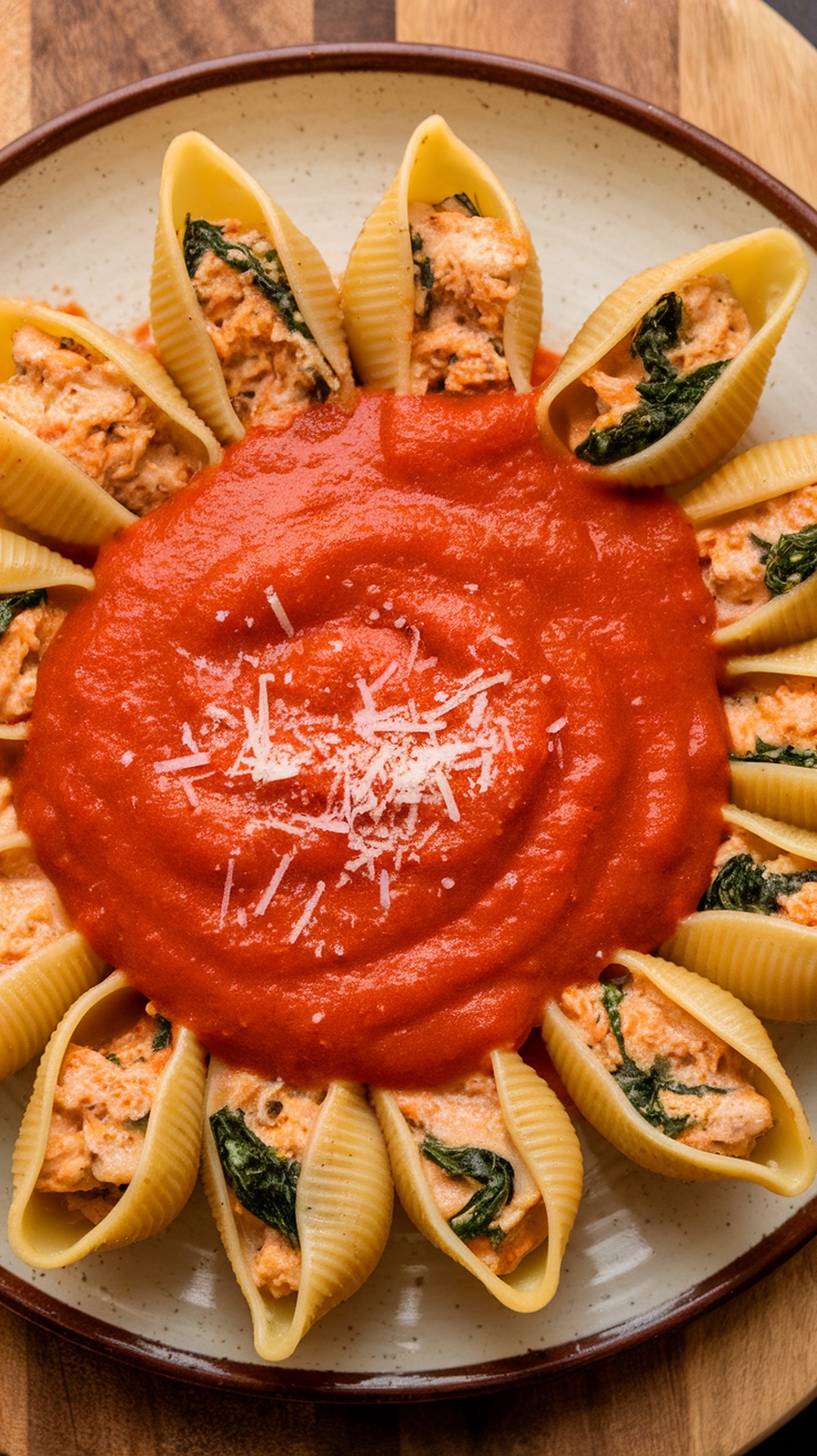 A plate of chicken and spinach stuffed pasta shells with marinara sauce.