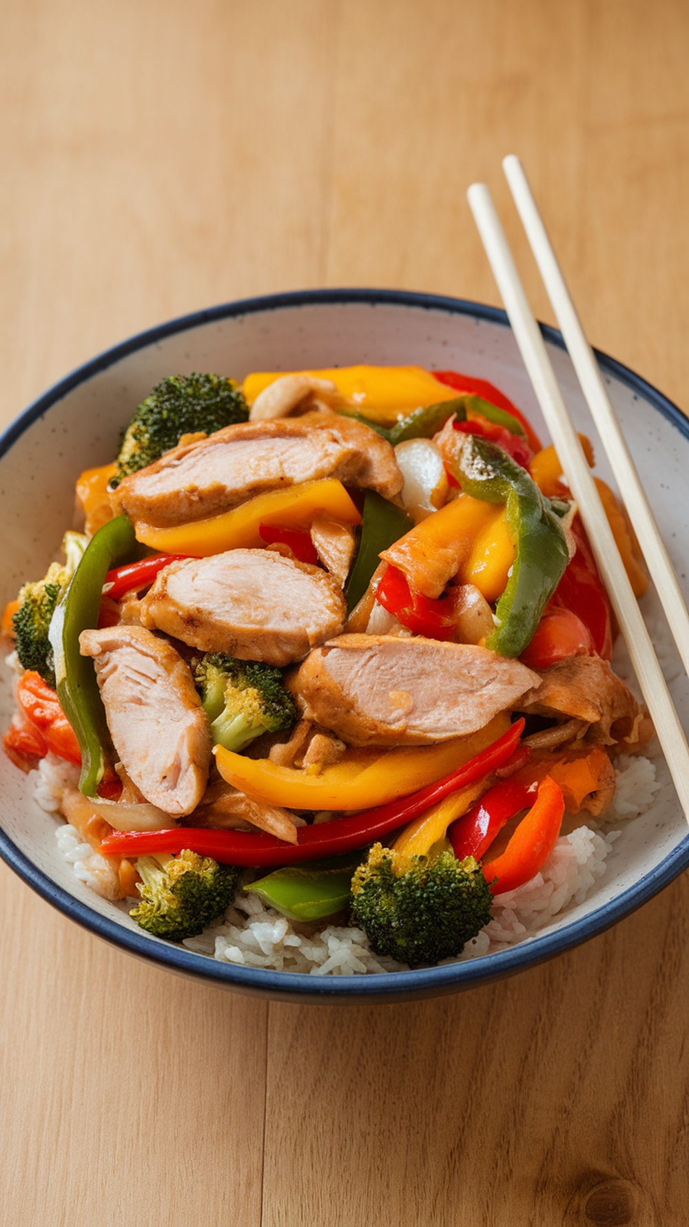 A bowl of chicken and vegetable stir-fry over rice with chopsticks