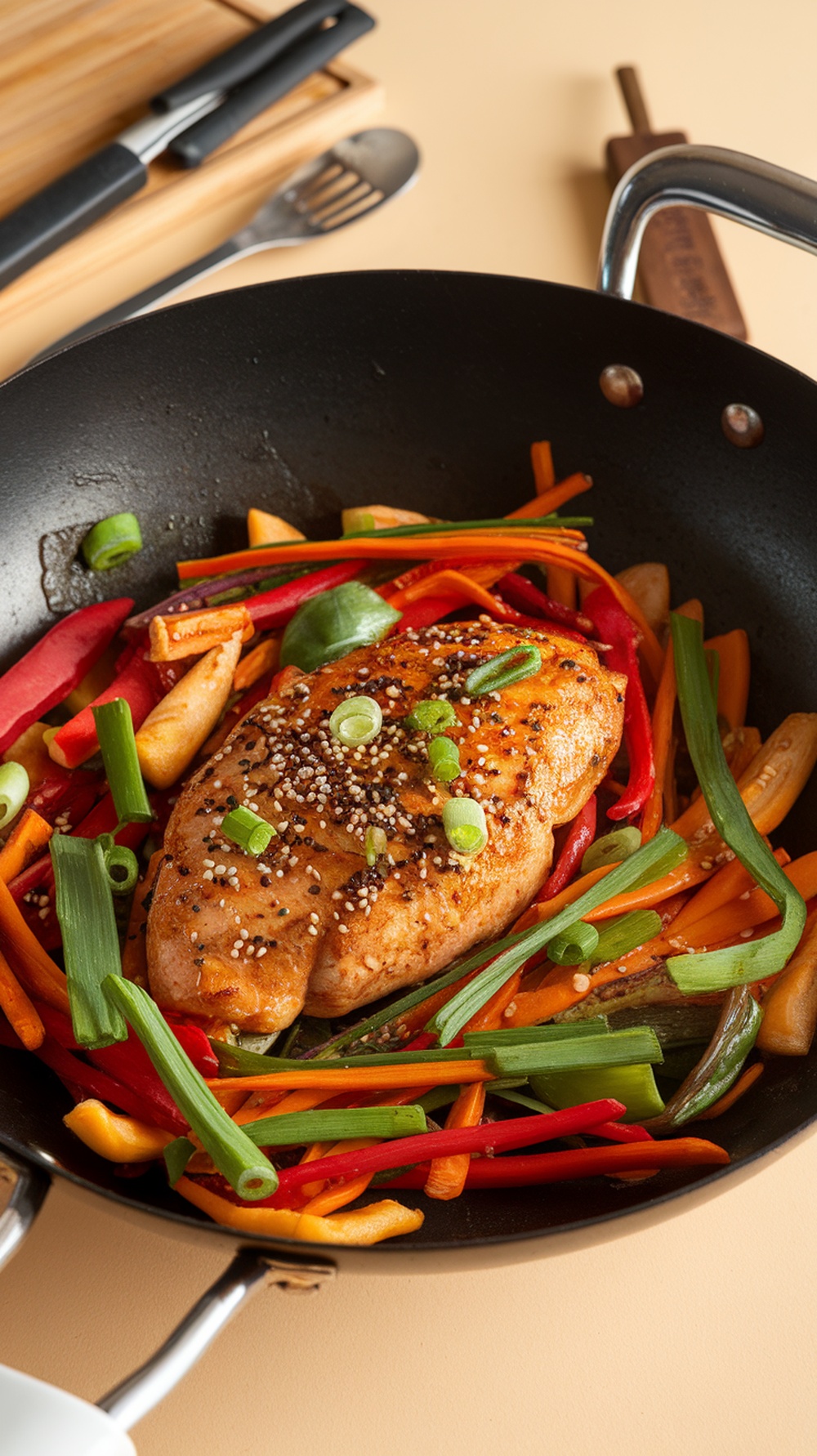 A colorful chicken breast stir-fry with a variety of vegetables