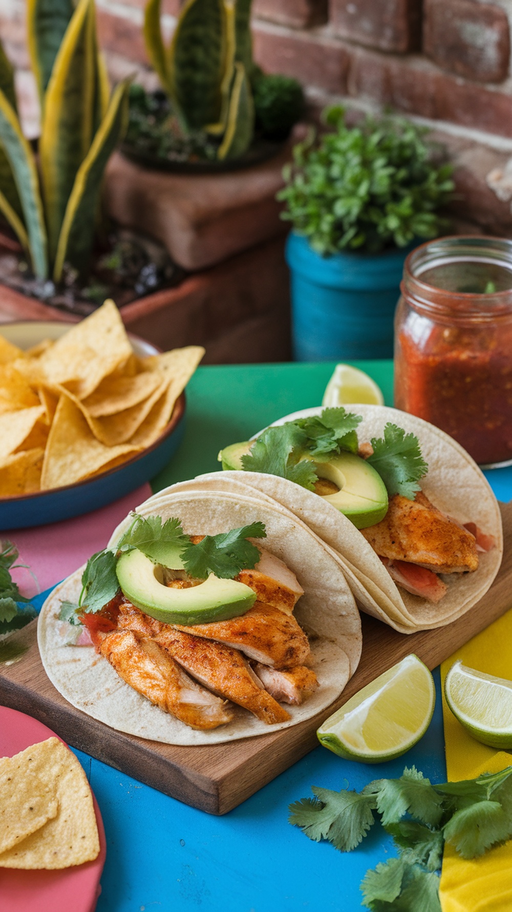 Delicious chicken breast tacos with avocado, garnished with cilantro and lime.