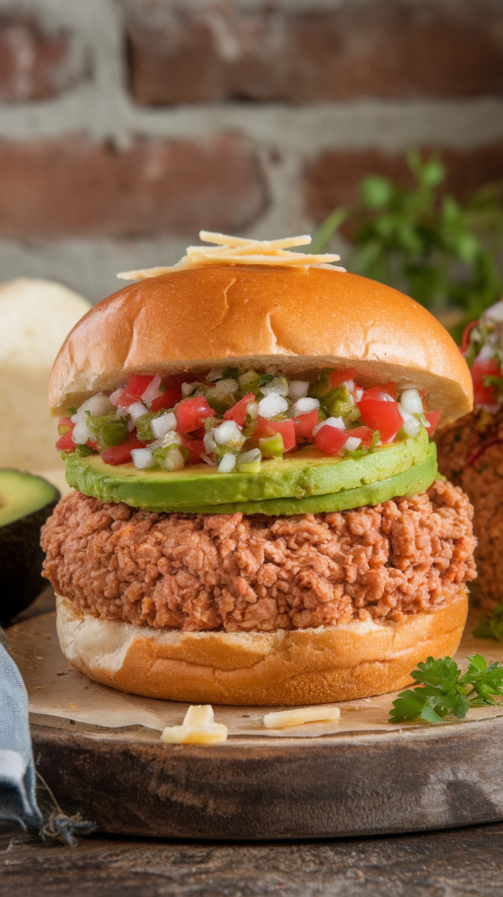 A delicious chicken burger featuring avocado slices and fresh salsa, served on a toasted bun.