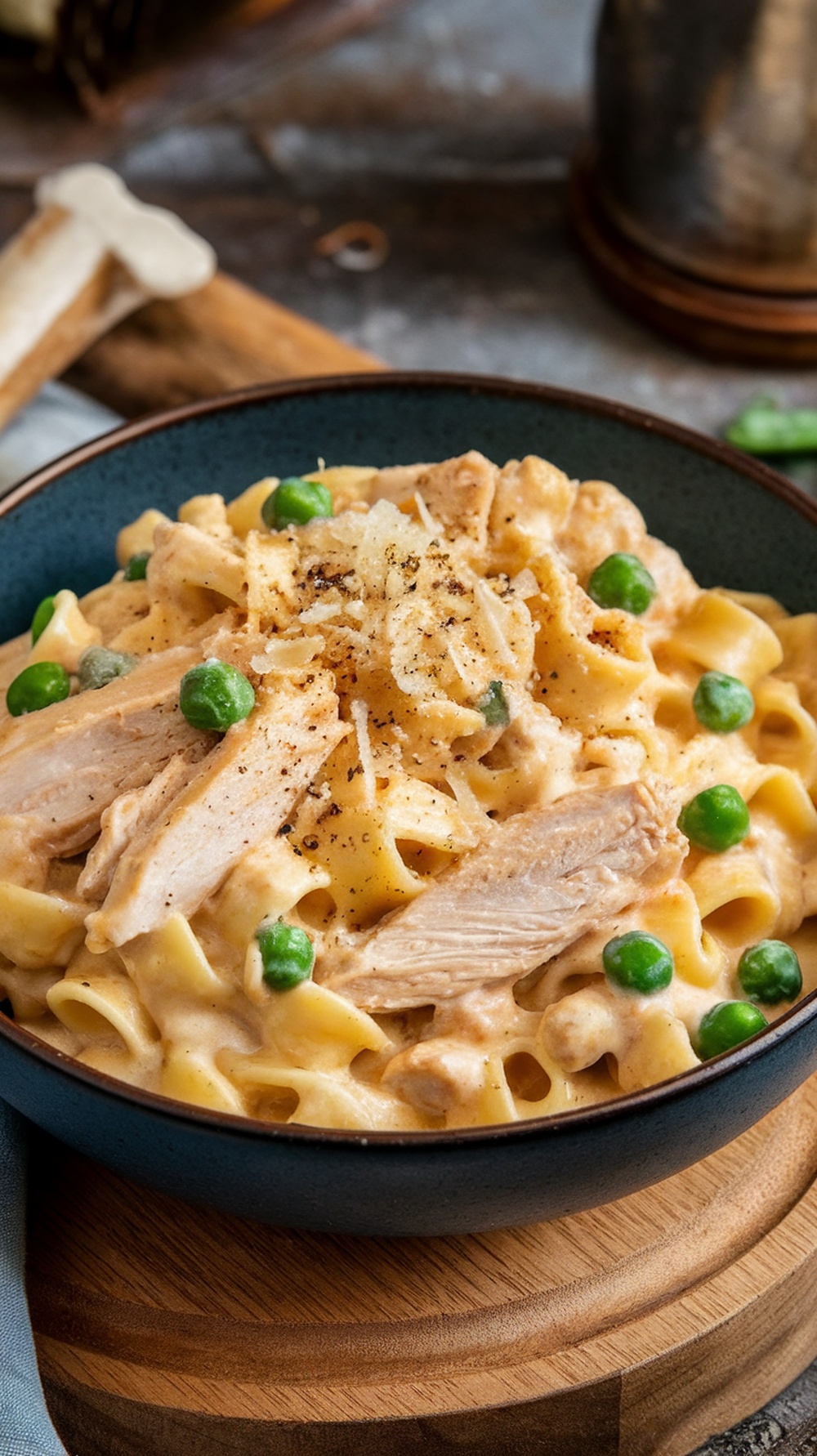 A bowl of creamy chicken carbonara with peas, garnished with Parmesan cheese.