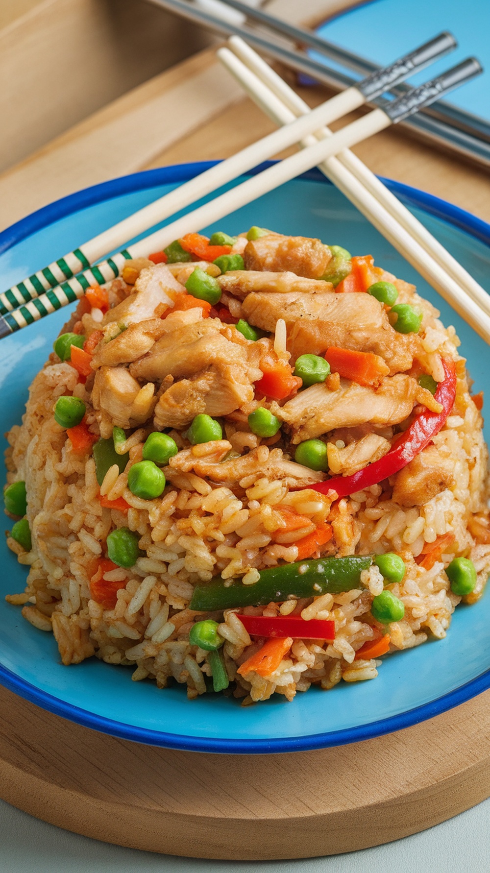 A colorful plate of chicken fried rice with vegetables, garnished with green onions.