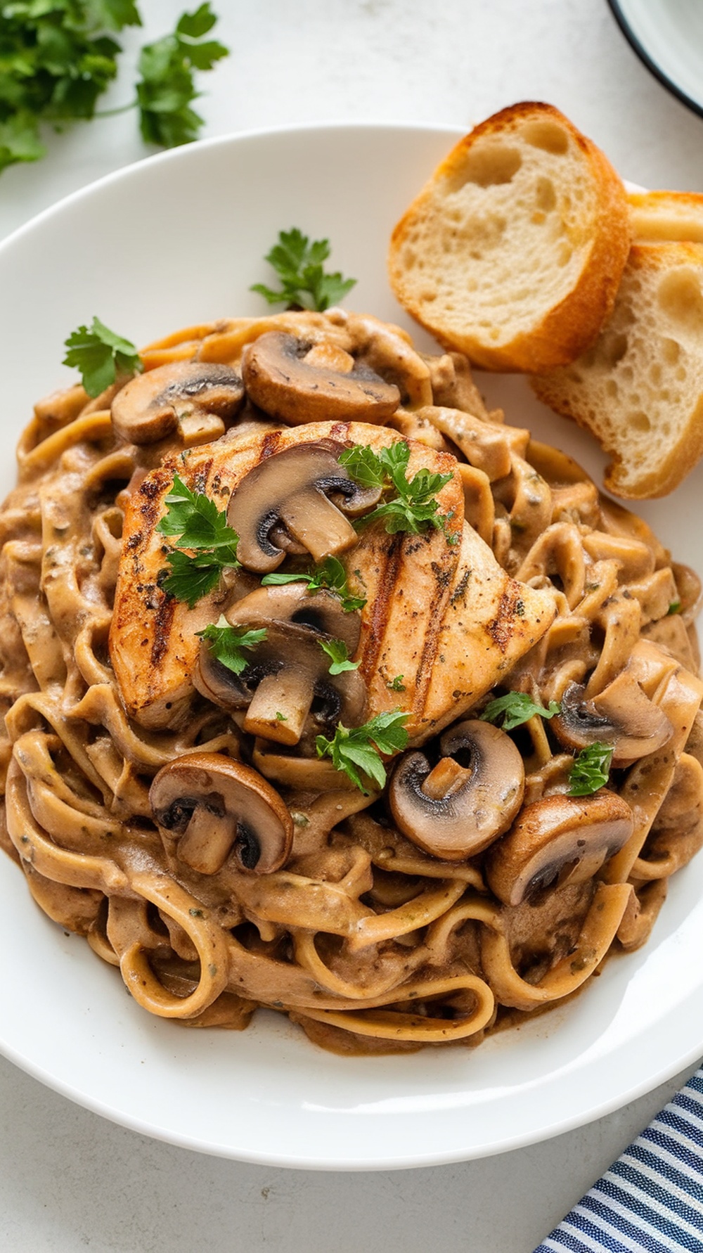 Delicious Chicken Marsala Pasta served with a side of bread and garnished with parsley.