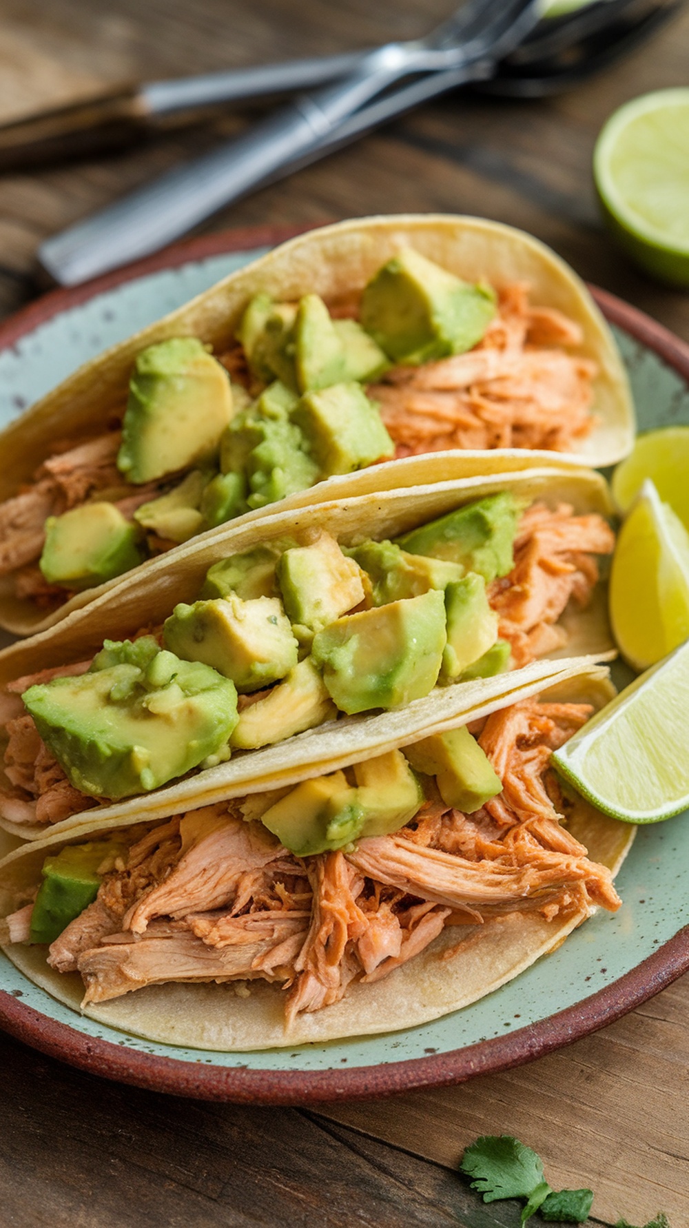 Delicious chicken tacos with avocado salsa on a plate.
