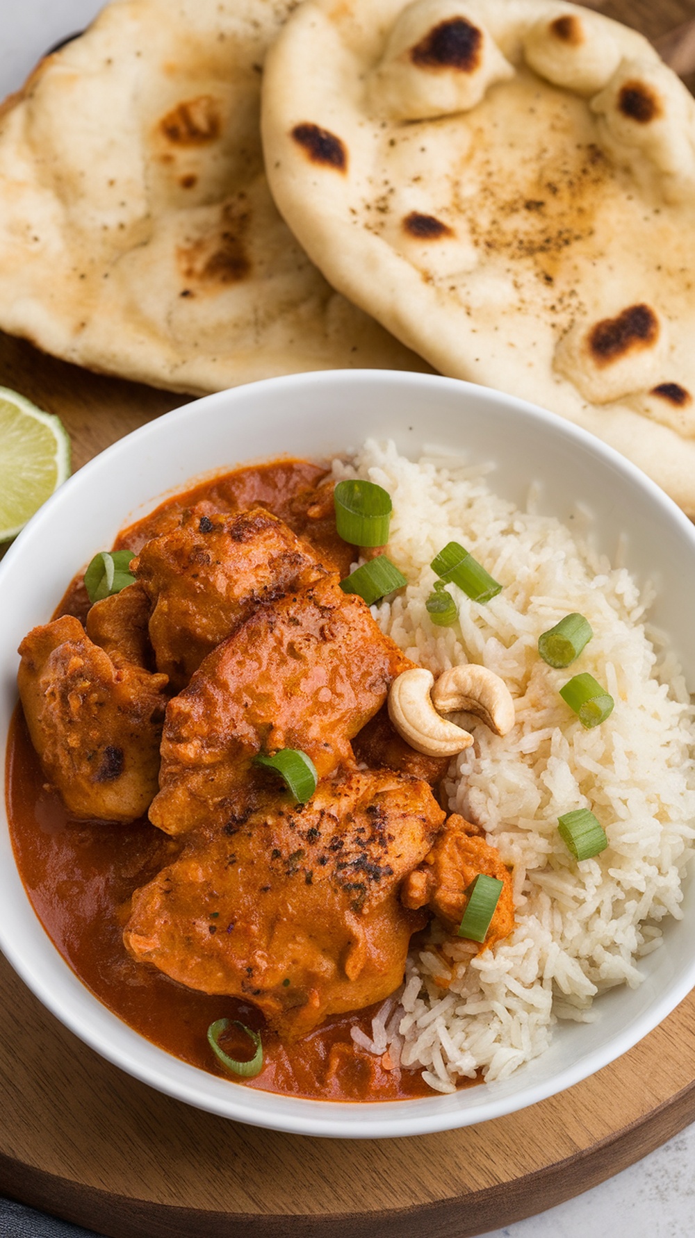 A bowl of Chicken Tikka Masala served with rice and naan bread.