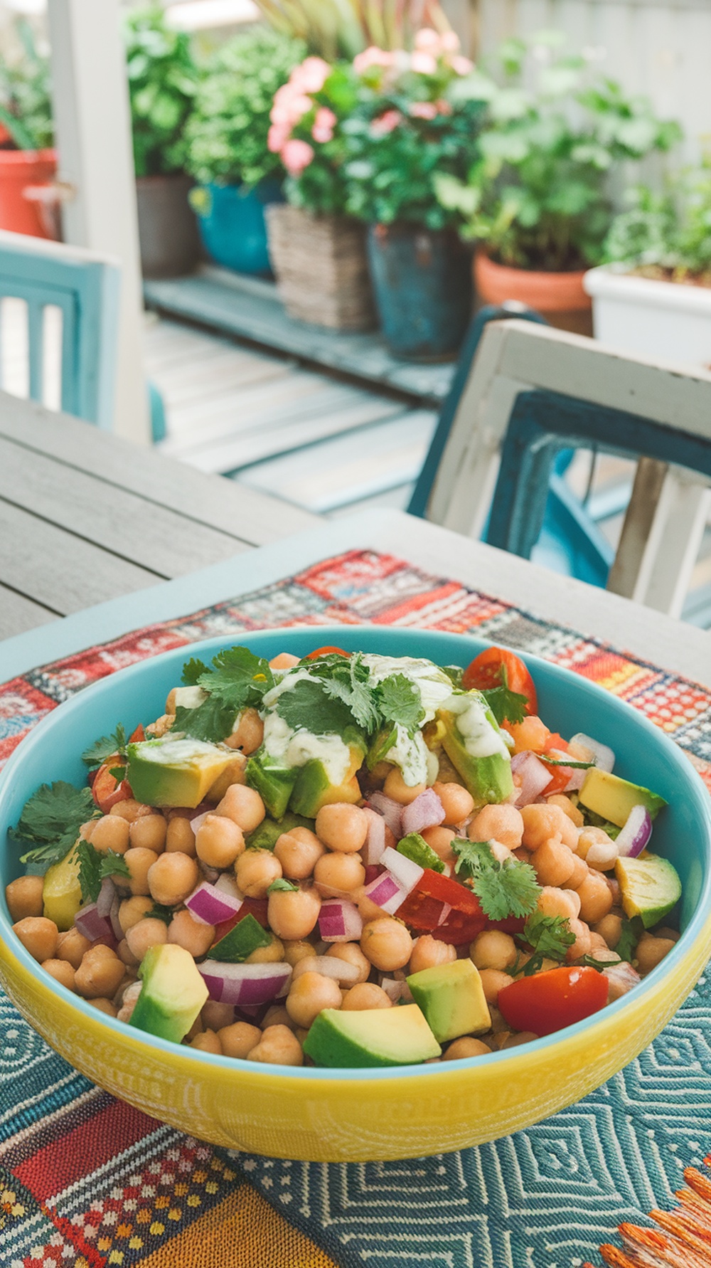 A colorful bowl of chickpea and avocado salad with fresh vegetables.