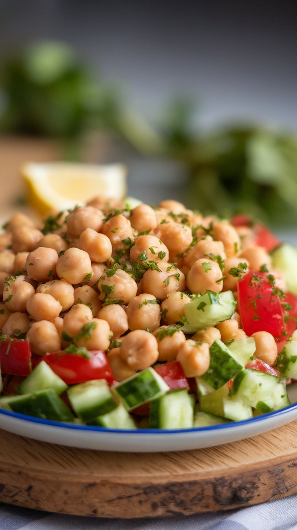 Chickpea salad with diced cucumbers, tomatoes, and herbs.
