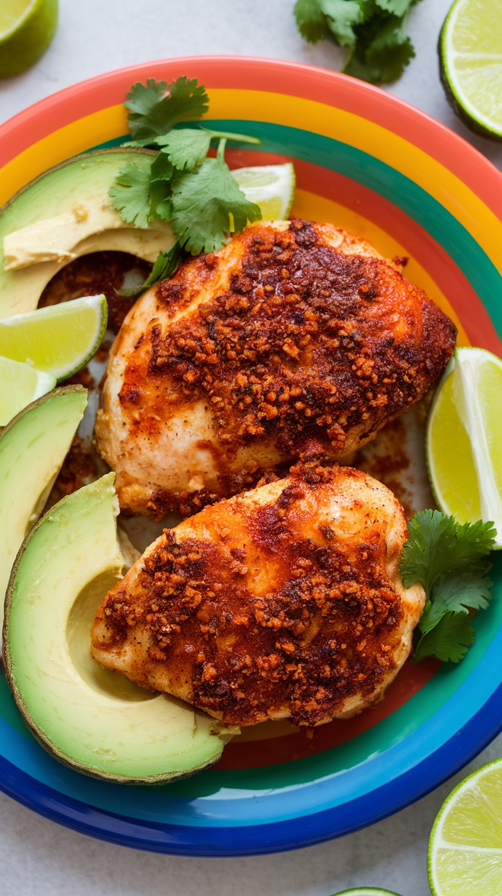 Deliciously spiced Chipotle Lime Chicken served with avocado and lime.