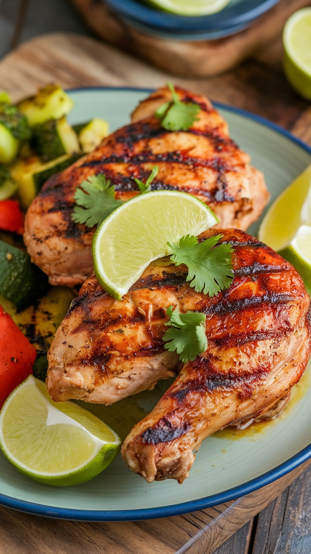 Delicious grilled chicken with lime and cilantro, served on a plate with colorful vegetables.