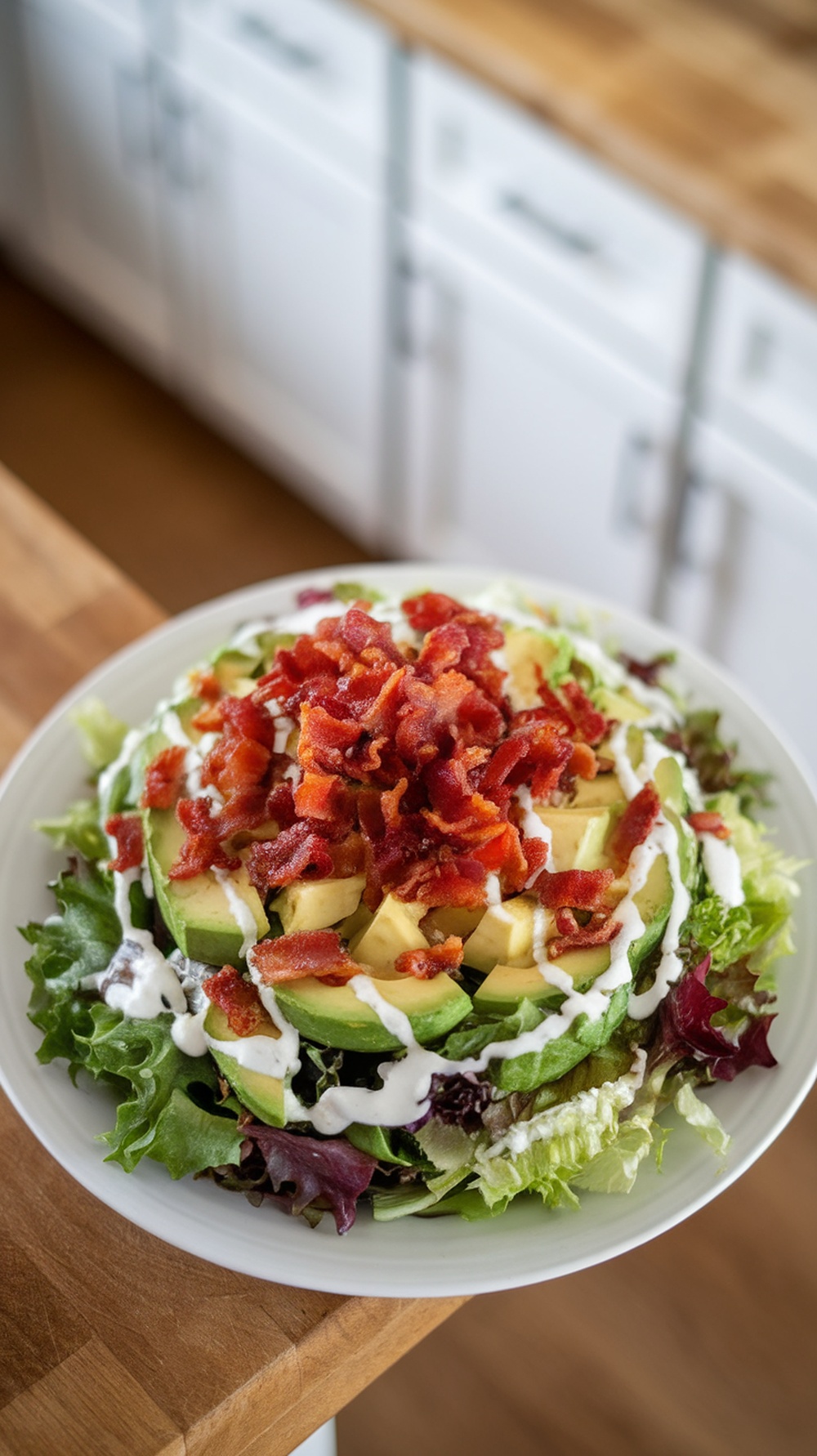 A colorful chopped salad topped with avocado and bacon.