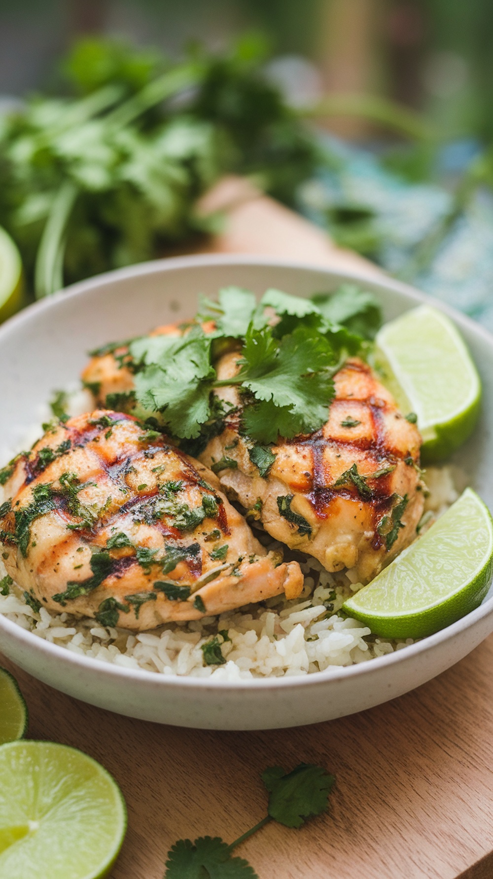 A bowl of cilantro lime chicken served with rice and lime wedges.