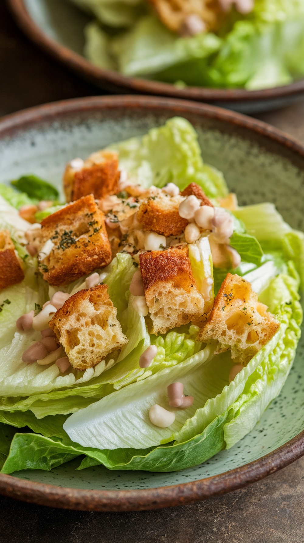 A plate of Classic Caesar Salad with croutons and lettuce.
