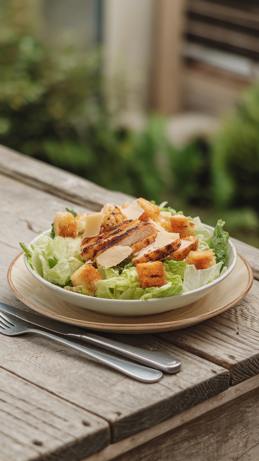 A classic Caesar salad topped with grilled chicken, croutons, and Parmesan cheese.