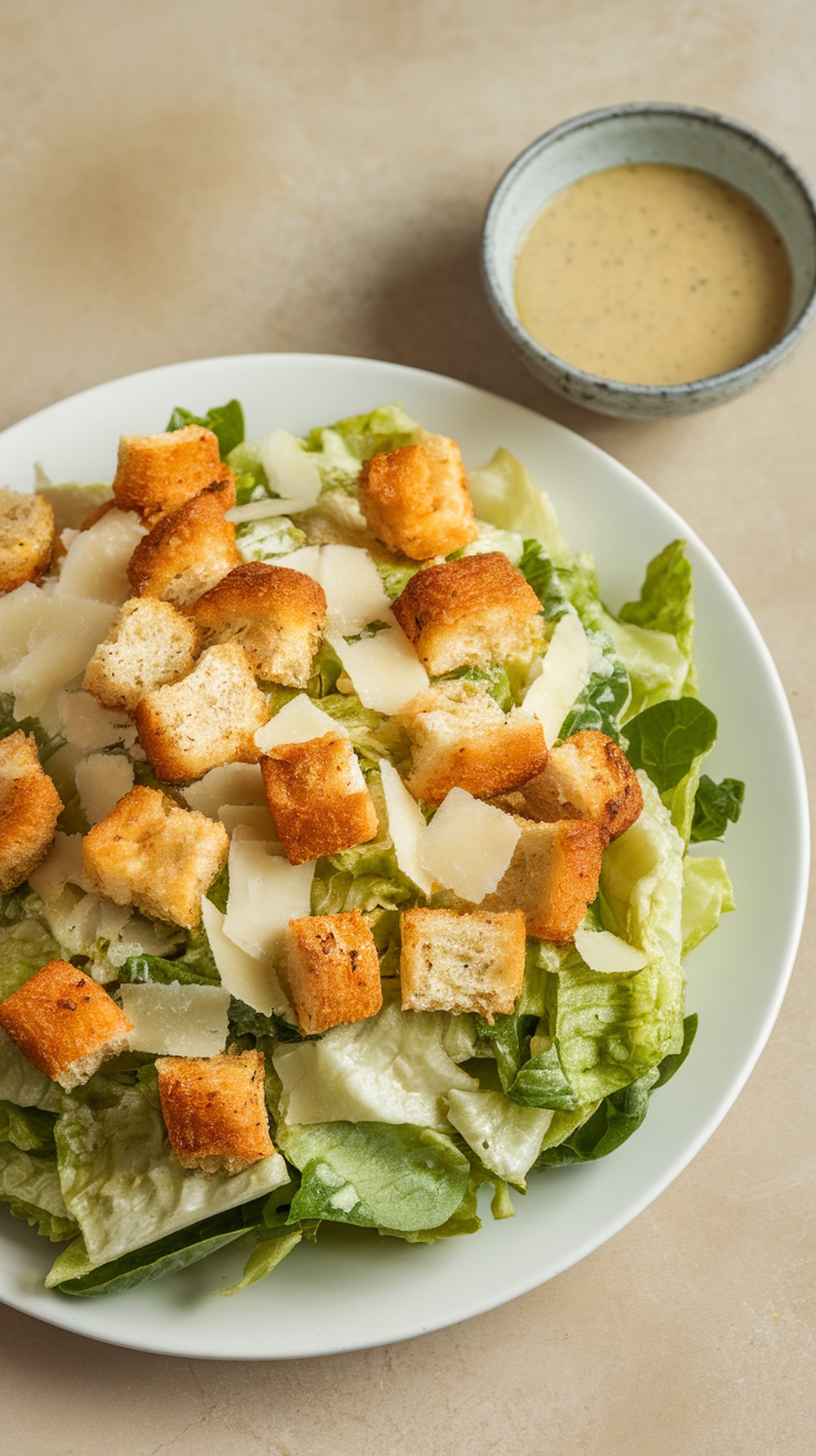 A classic Caesar salad topped with croutons and shaved Parmesan cheese.