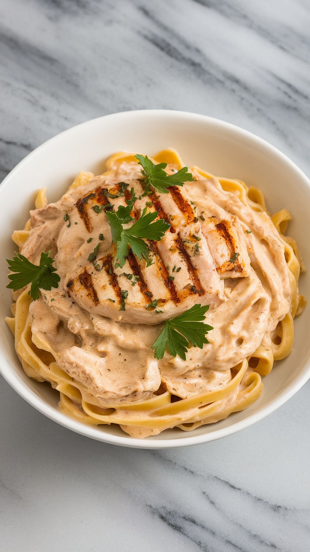 A bowl of creamy Chicken Alfredo with fettuccine pasta and grilled chicken on top, garnished with parsley.