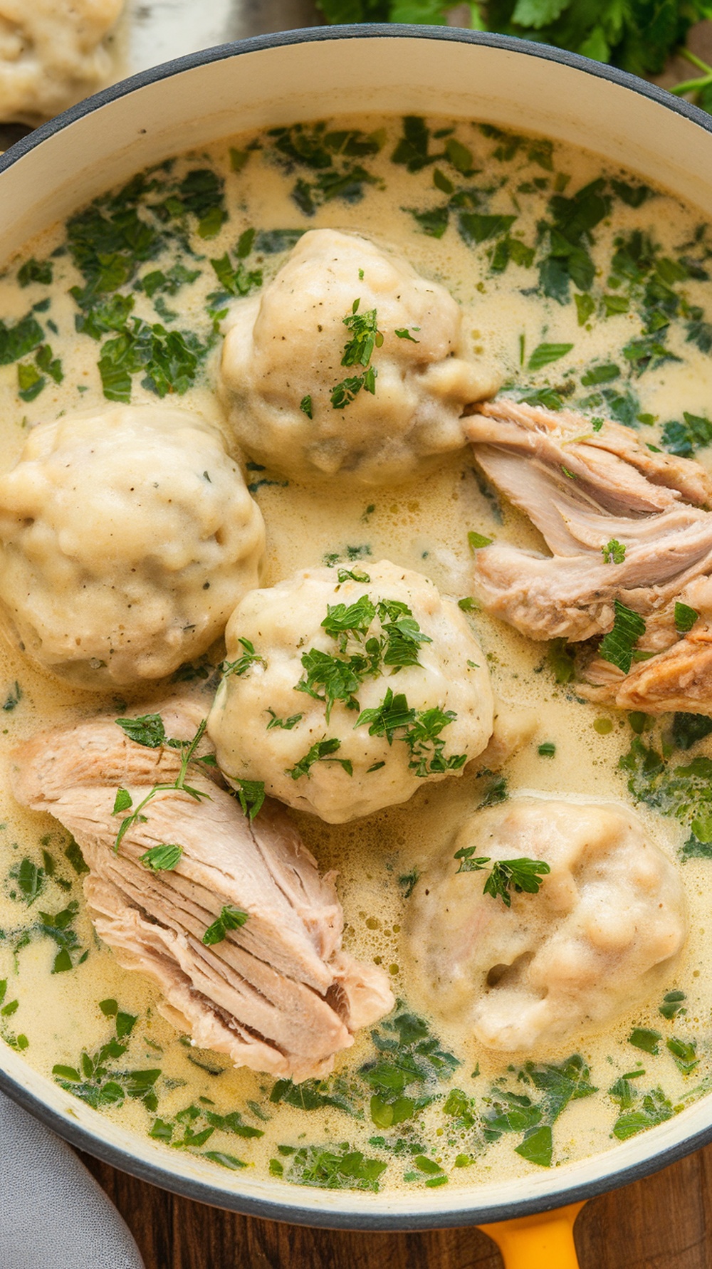A bowl of classic chicken and dumplings with fresh herbs