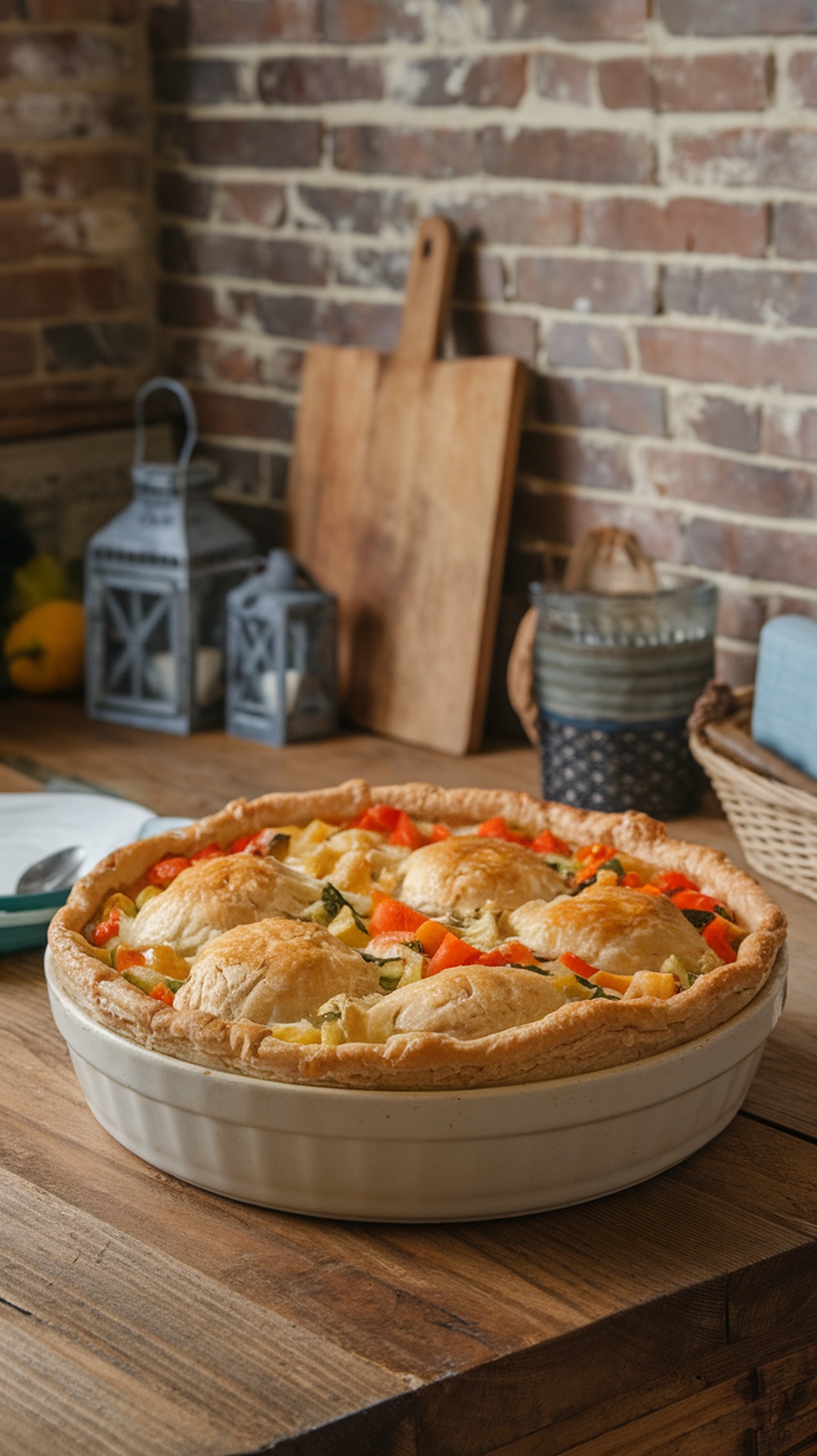 A delicious chicken pot pie casserole in a white dish on a wooden table.
