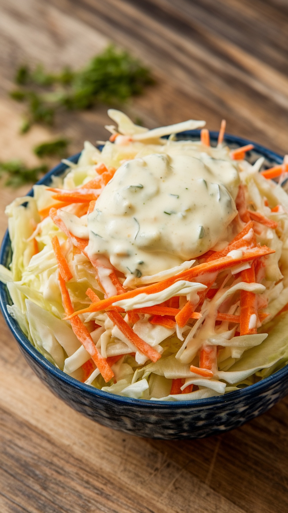 Classic coleslaw with creamy dressing in a blue bowl on a wooden table.
