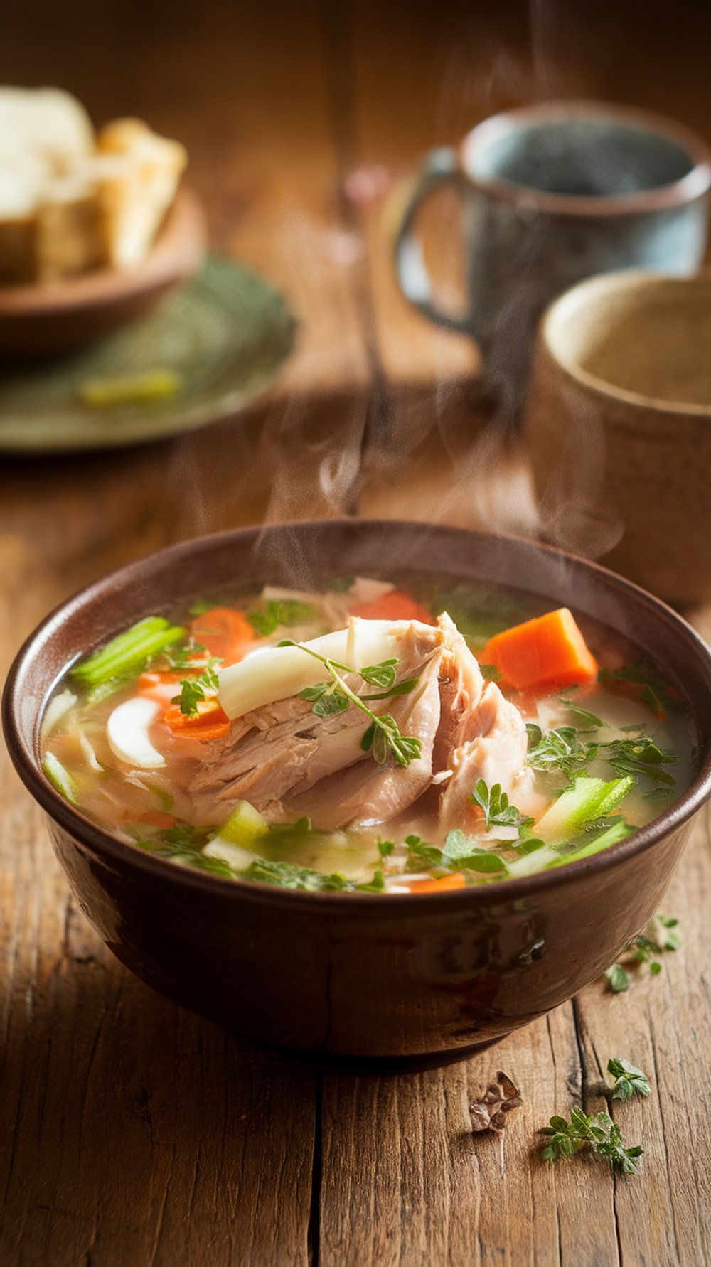 A bowl of steaming chicken soup with vegetables and herbs, representing classic comfort food.