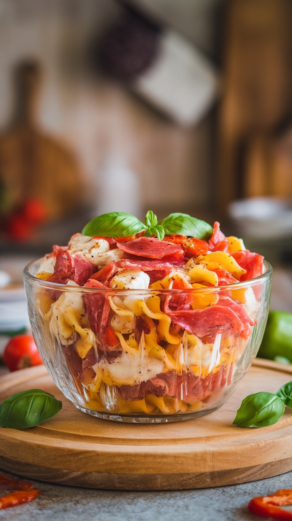 A bowl of classic Italian pasta salad with colorful ingredients.