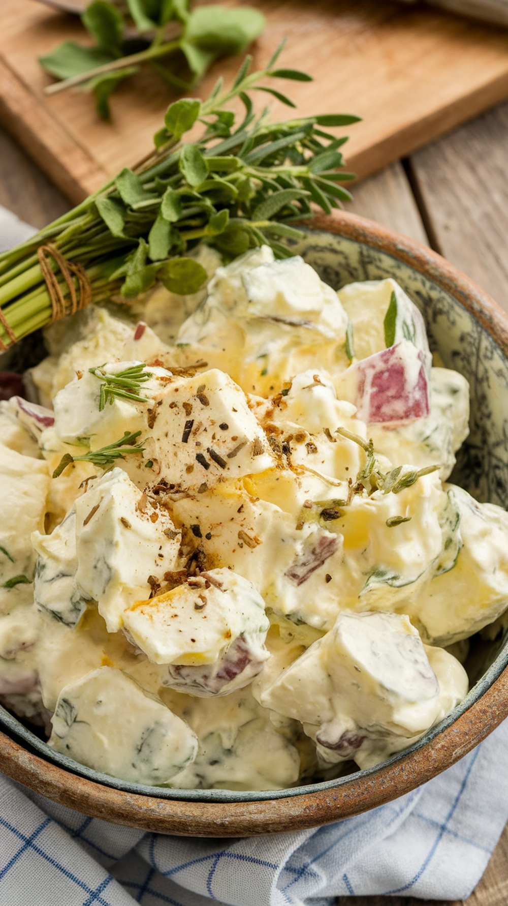 A bowl of classic potato salad garnished with herbs and spices.