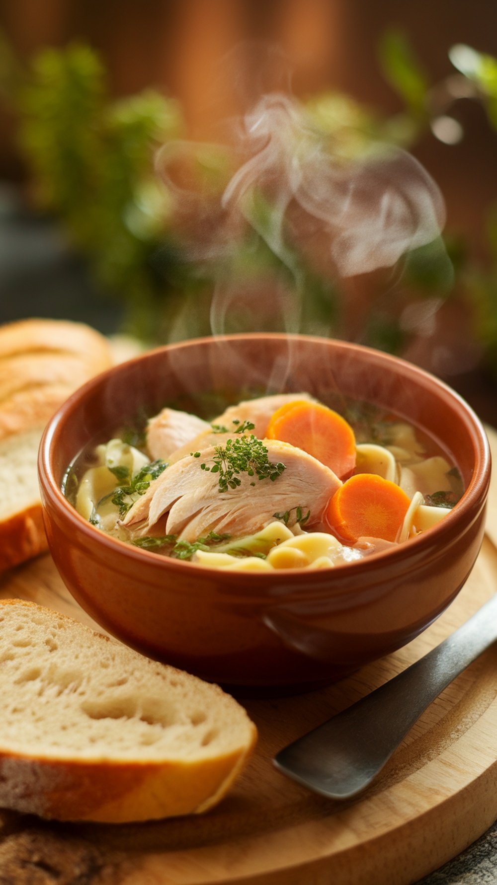 Bowl of steaming chicken noodle soup with bread on the side.