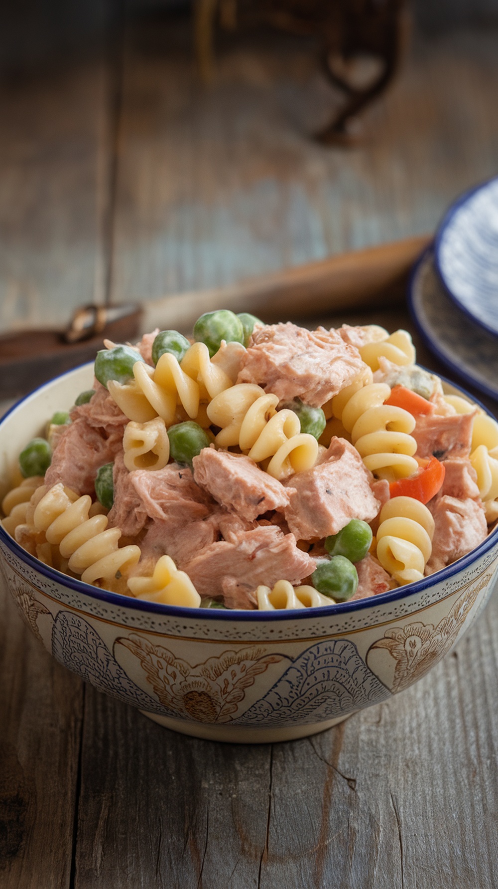 Bowl of classic tuna pasta salad with peas