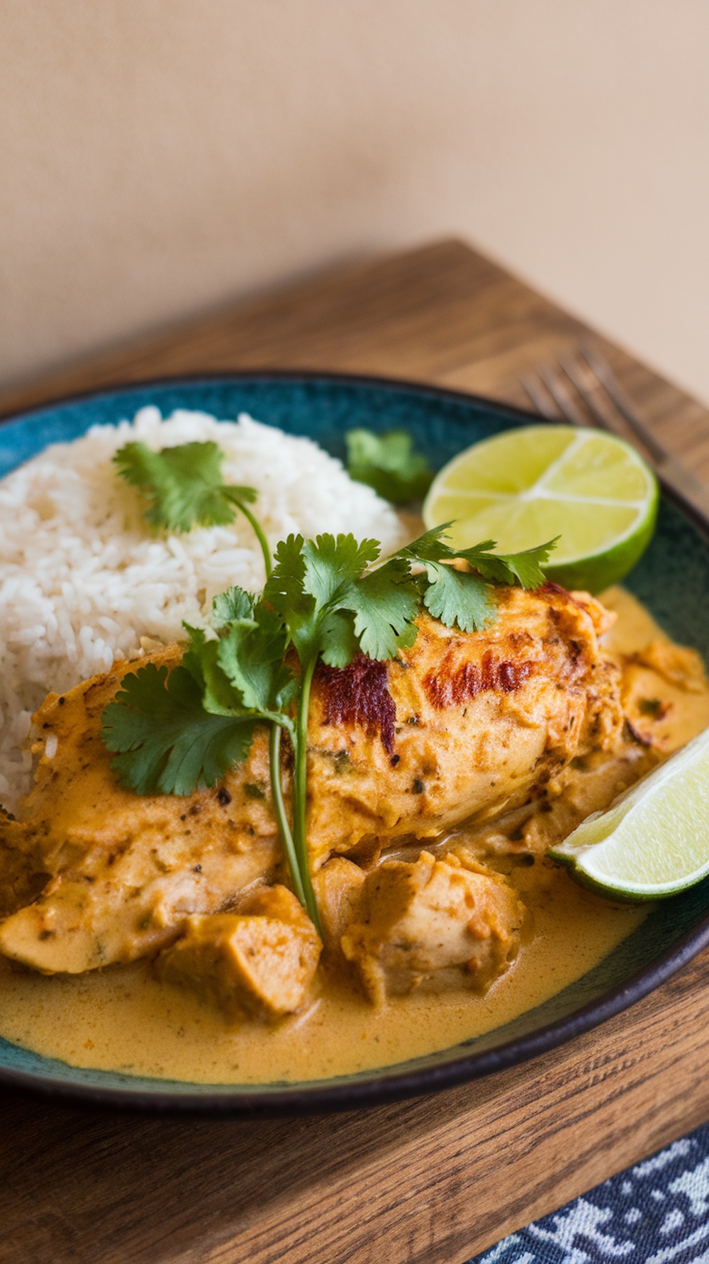 A plate of coconut curry chicken served with rice and garnished with cilantro and lime.