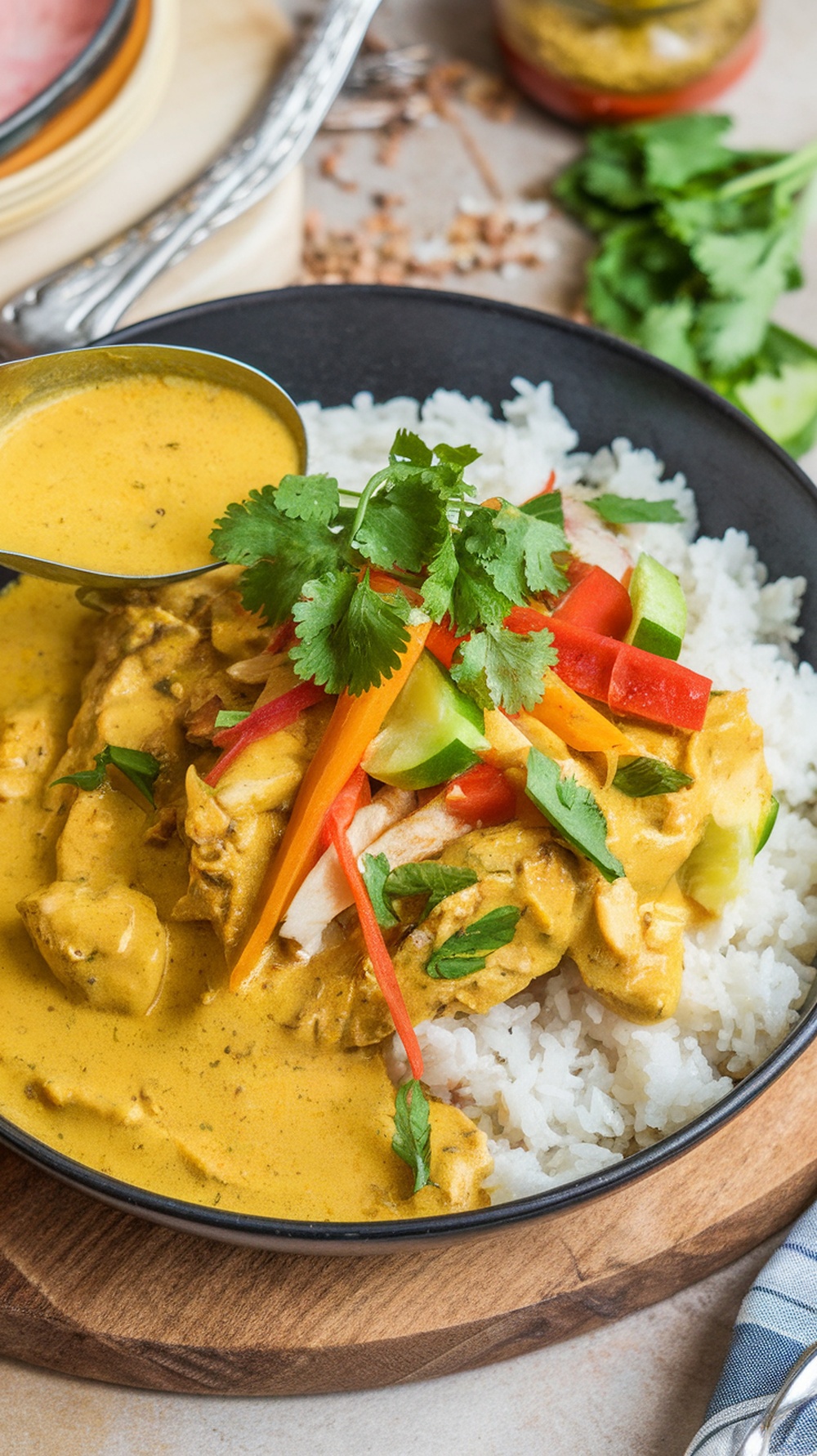 A bowl of Coconut Curry Chicken served on rice, garnished with vegetables and cilantro.