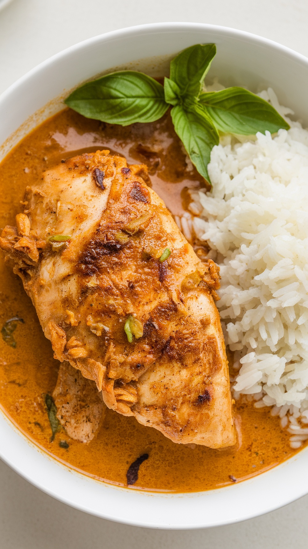 A delicious bowl of Coconut Curry Chicken Breast served with rice.