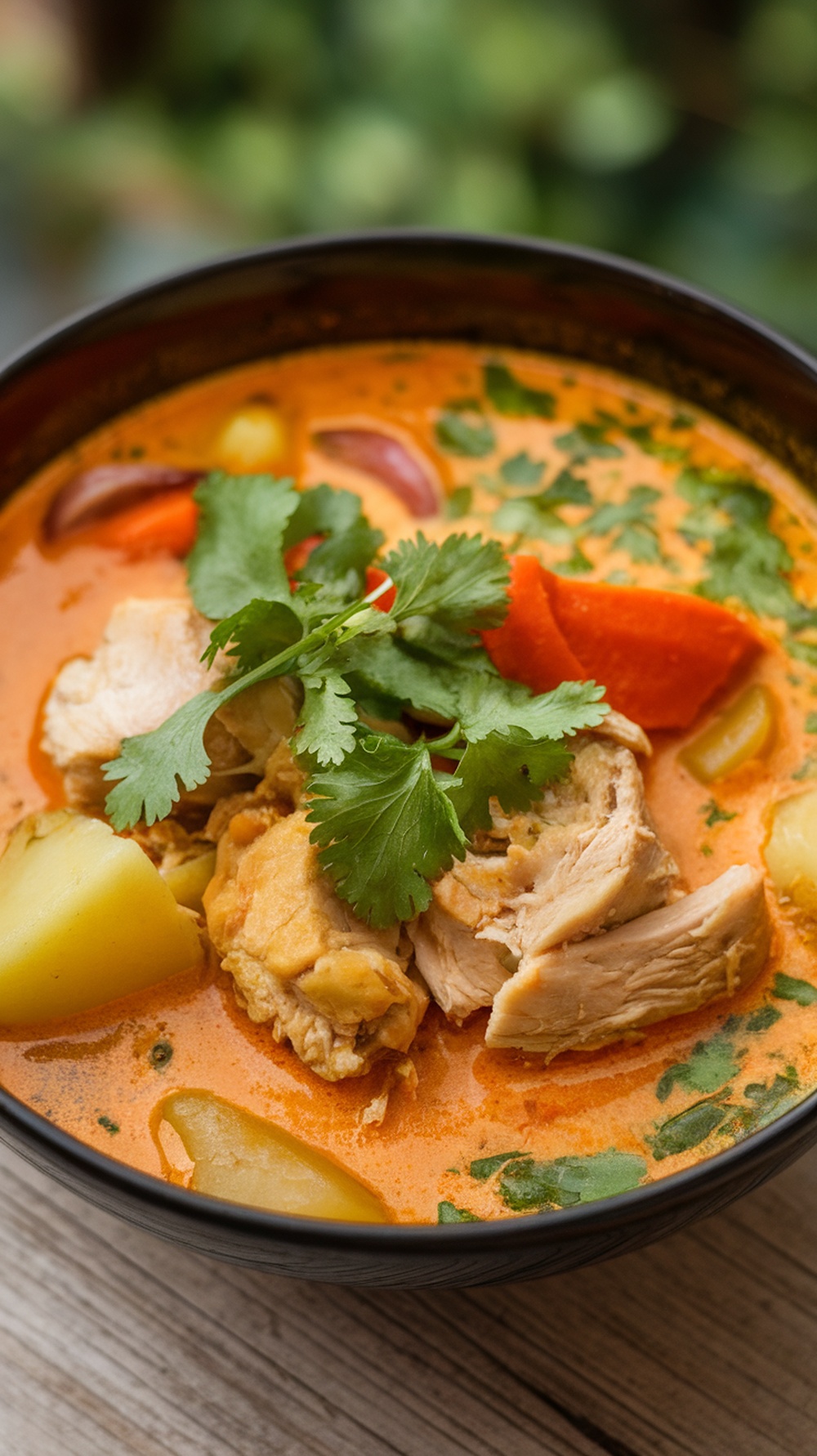 Bowl of Coconut Curry Chicken Soup with garnishes
