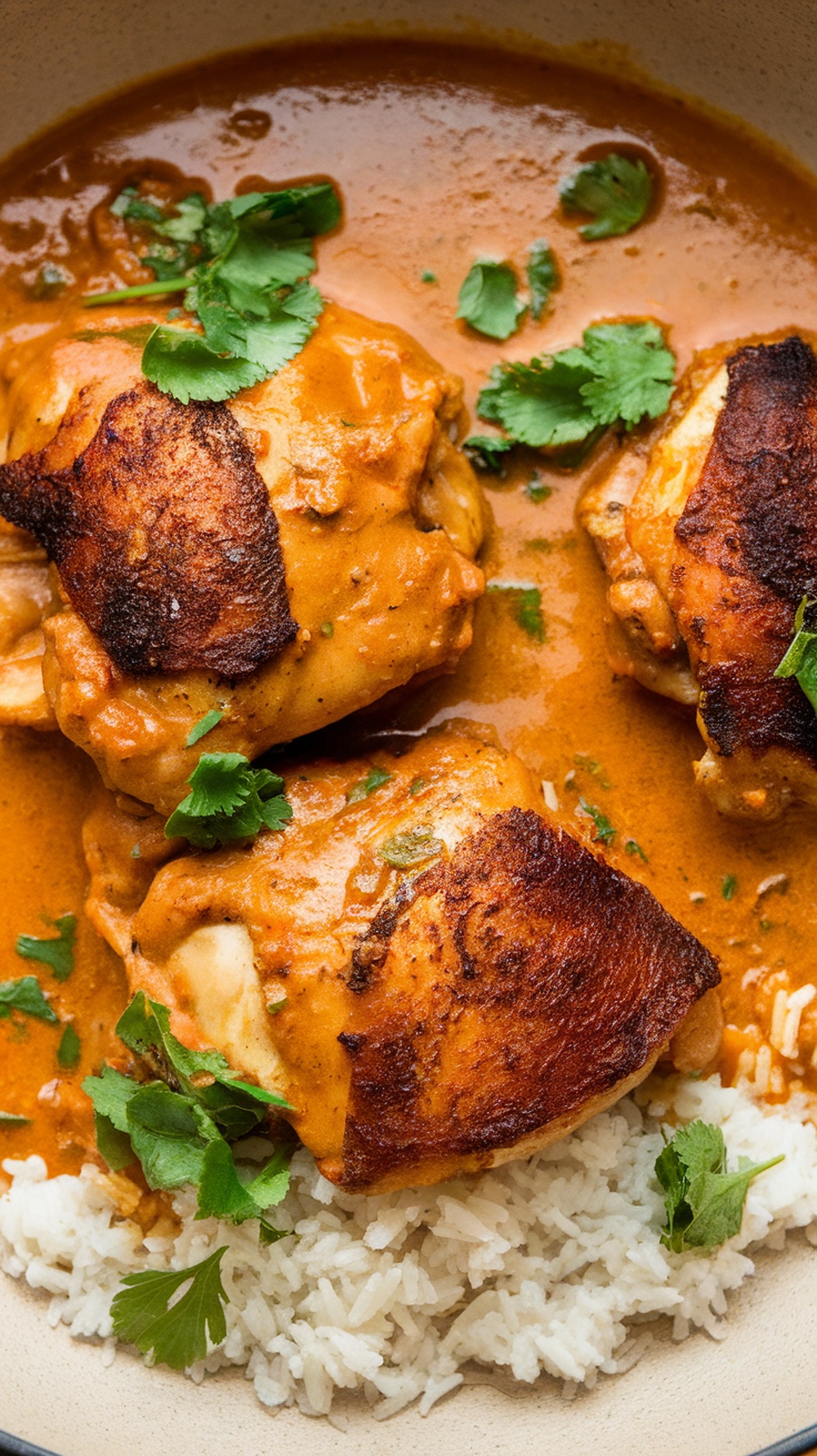 A plate of coconut curry chicken thighs served with rice, garnished with cilantro.