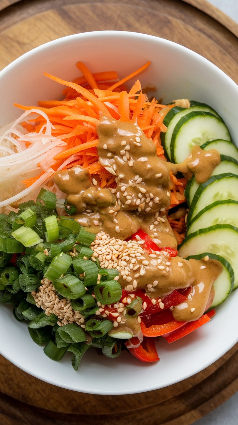 A bowl of cold Asian noodle salad with vibrant vegetables and sesame dressing.