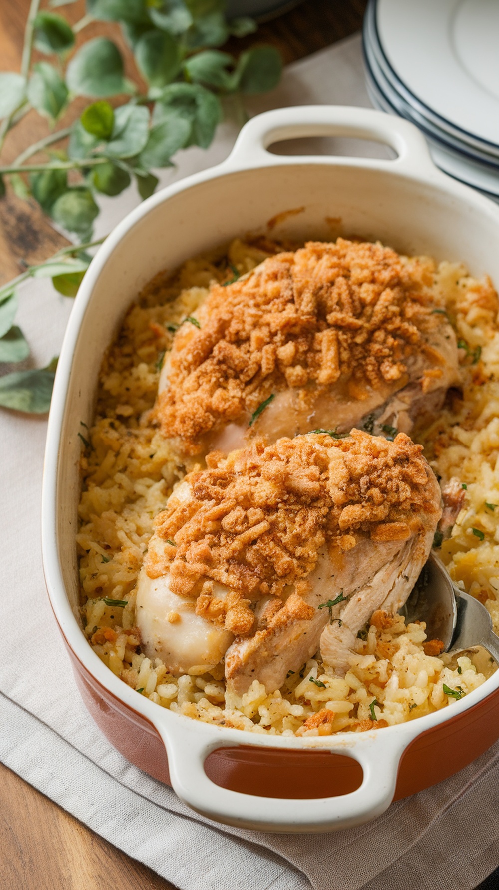 Comforting chicken and rice casserole with a crispy topping.