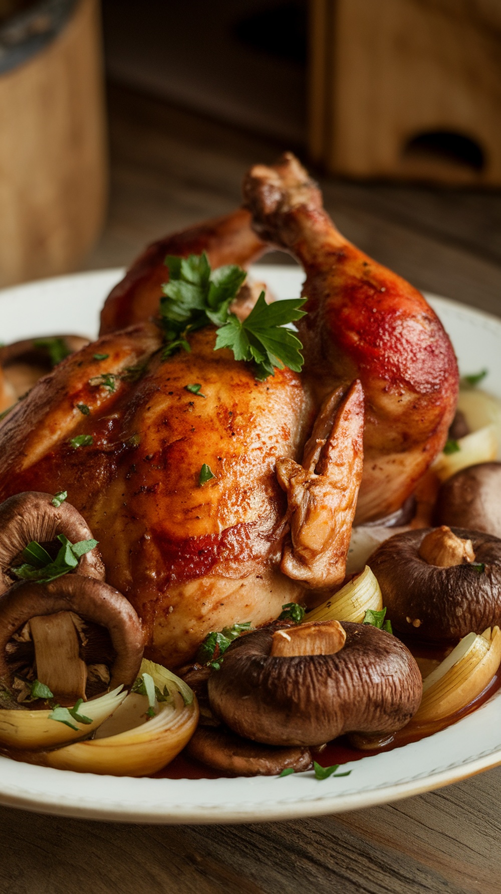 A plate of Coq au Vin featuring chicken, mushrooms, and herbs.