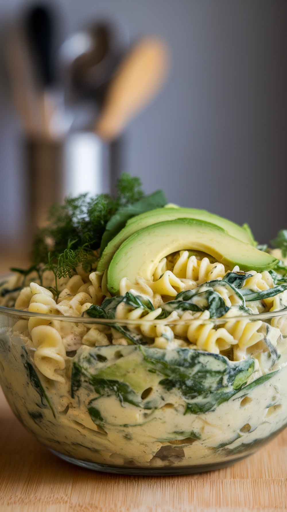 Creamy avocado and spinach pasta salad in a glass bowl