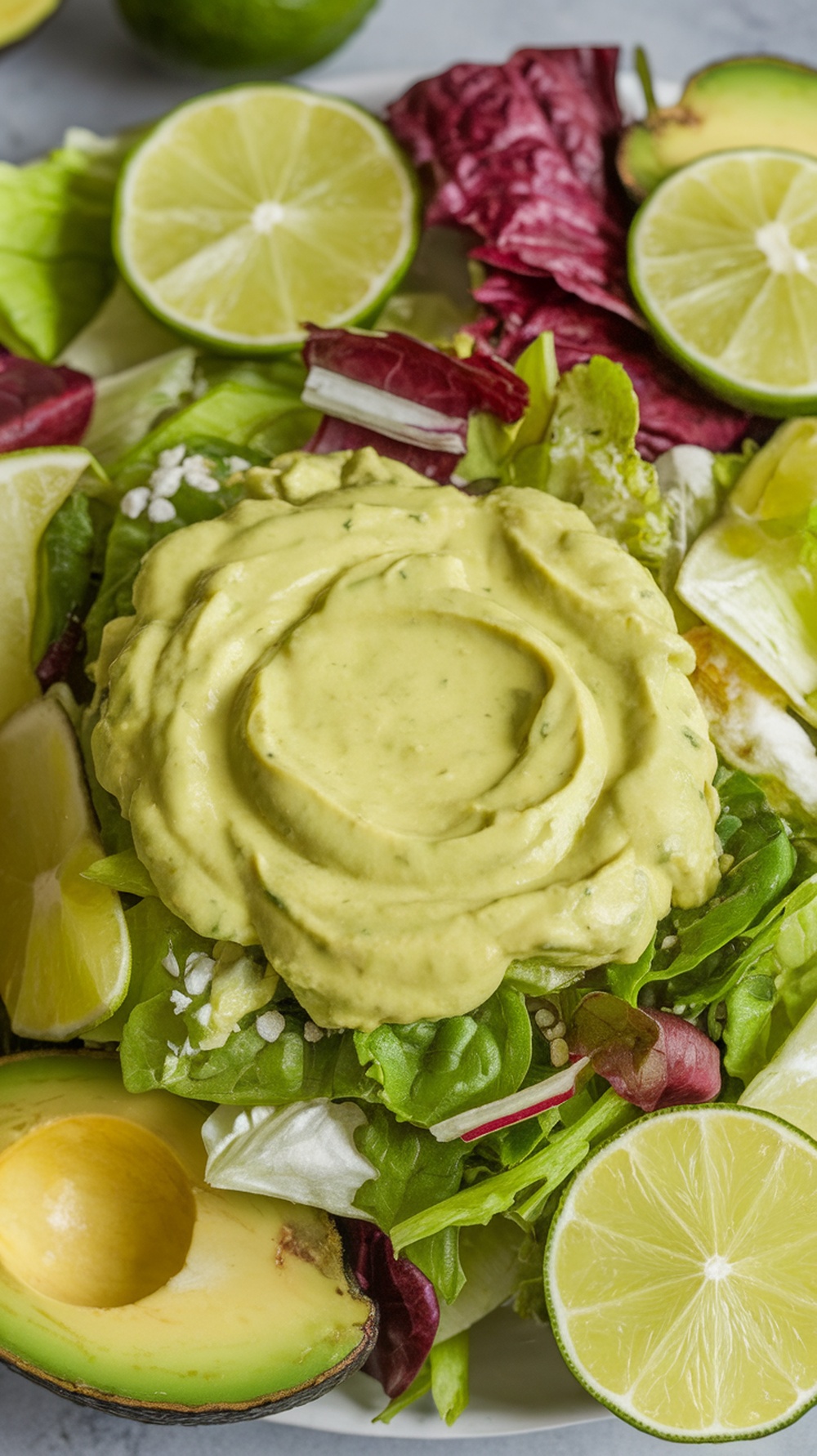 A creamy avocado dressing served on a bed of fresh salad greens with lime slices