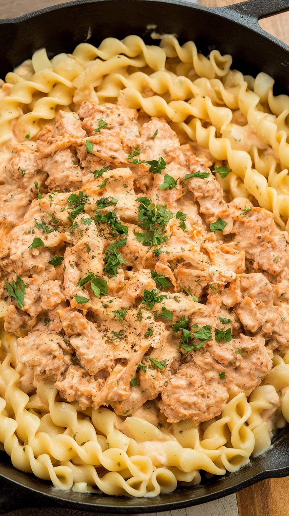 Creamy Chicken Alfredo Skillet with ground chicken and pasta