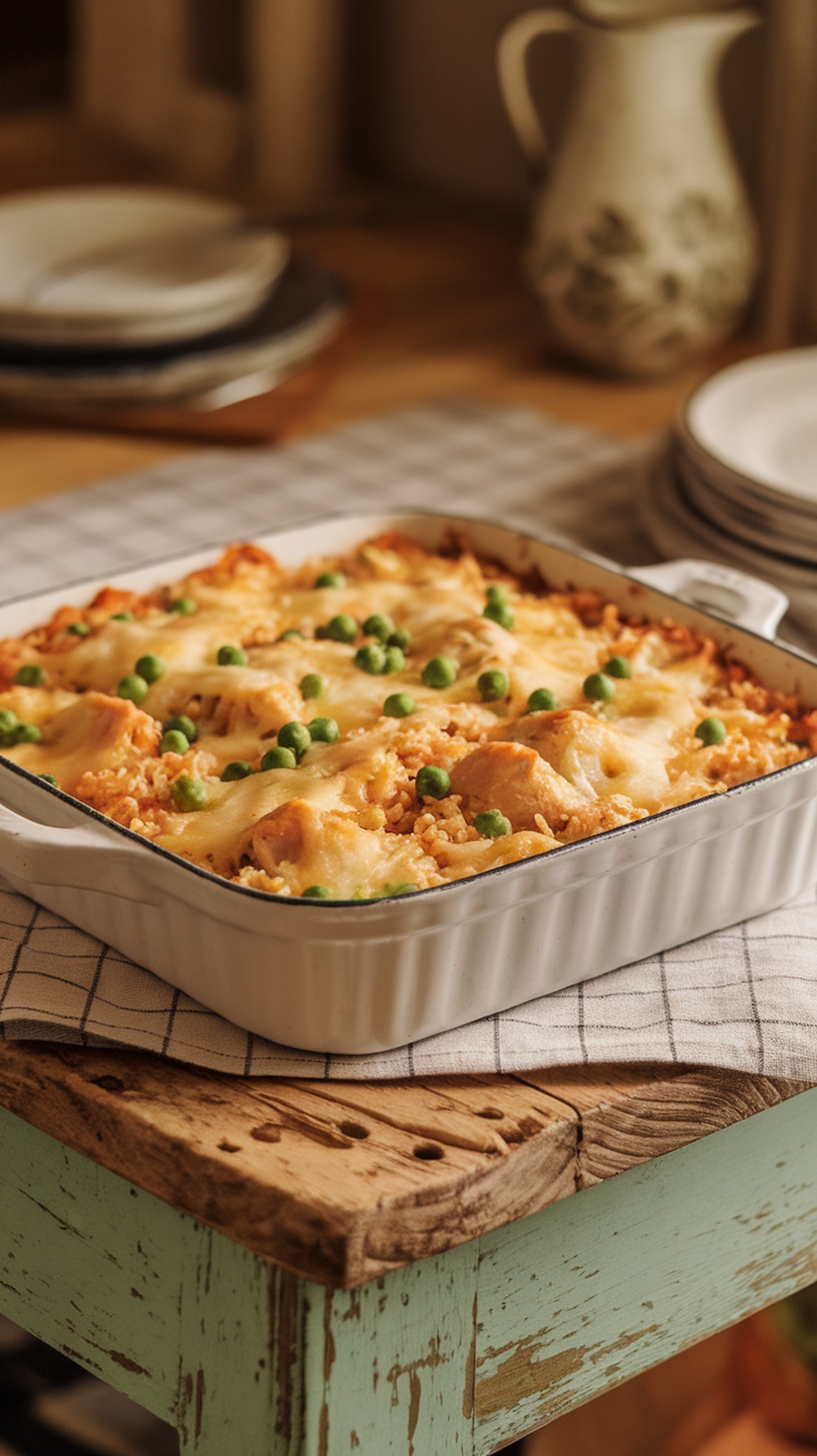 A creamy chicken and rice casserole topped with peas in a baking dish.