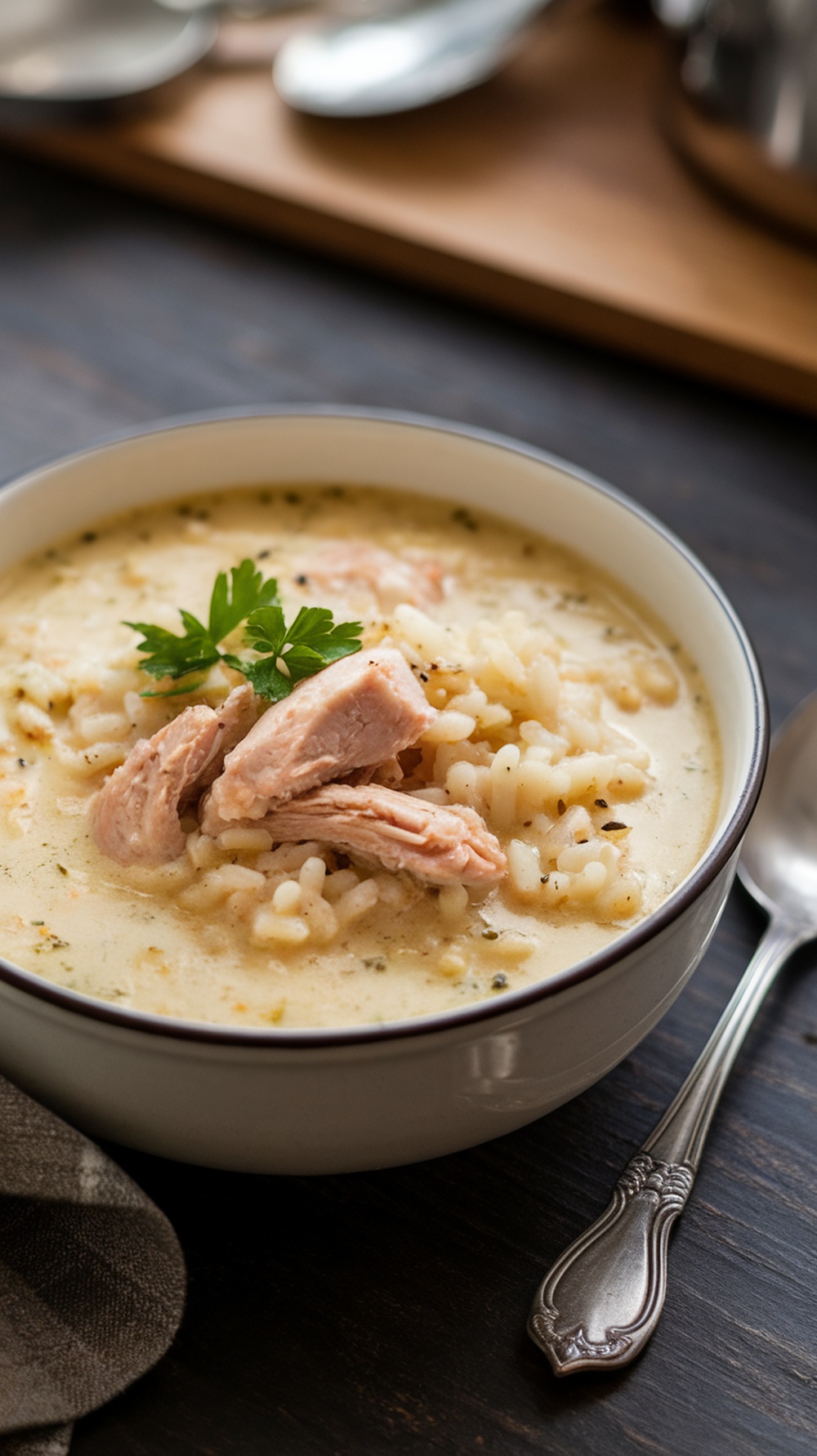 A bowl of creamy chicken and rice soup garnished with parsley.