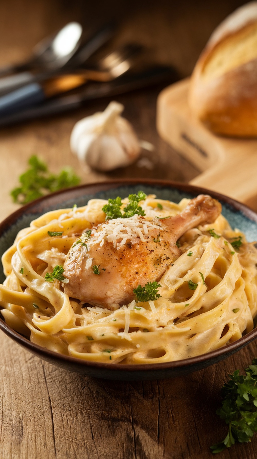 Creamy Garlic Chicken Linguine in a bowl, topped with parsley and cheese