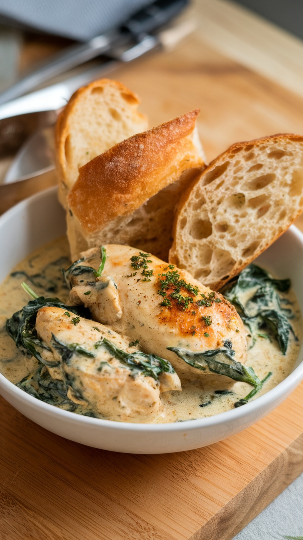 A bowl of creamy garlic chicken with spinach and bread slices