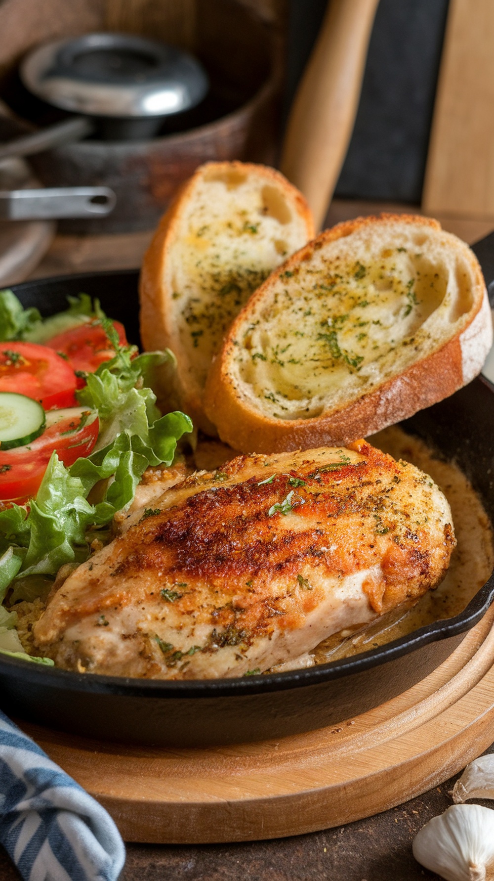 Creamy Garlic Parmesan Chicken served with a side salad and garlic bread.