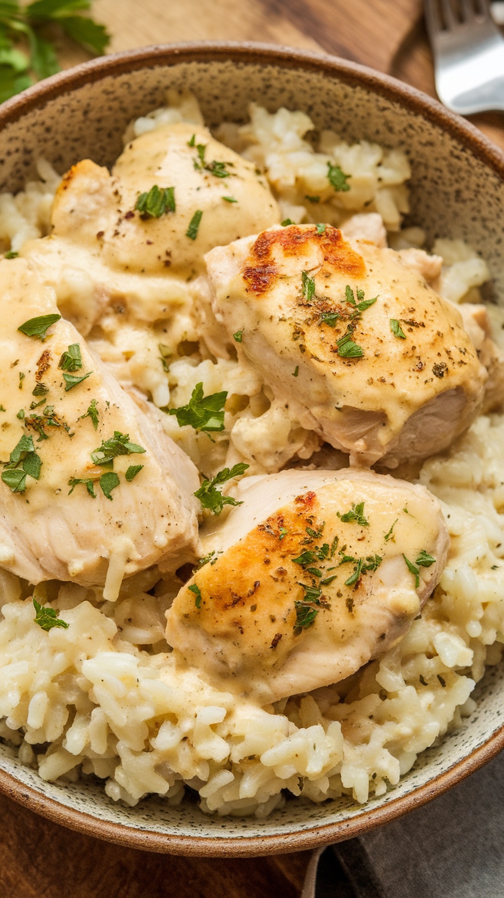 A bowl of creamy garlic parmesan chicken served over rice, garnished with parsley.