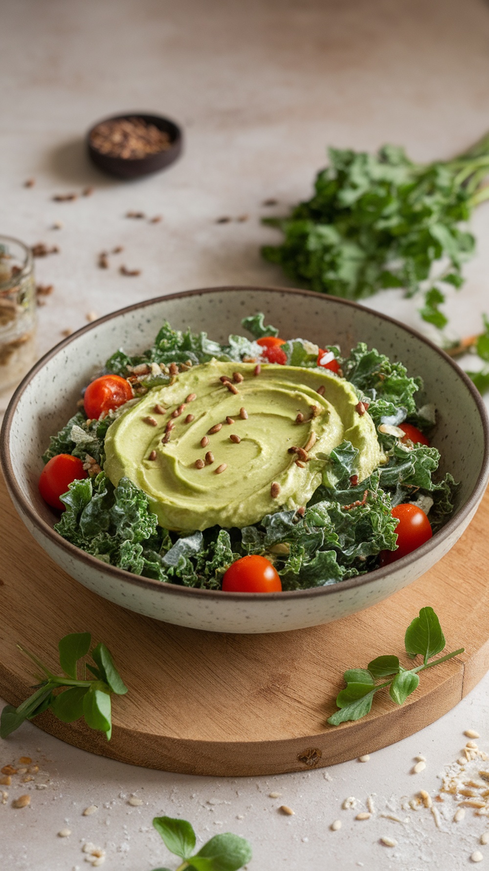 A bowl of creamy kale and avocado salad topped with sunflower seeds and cherry tomatoes.