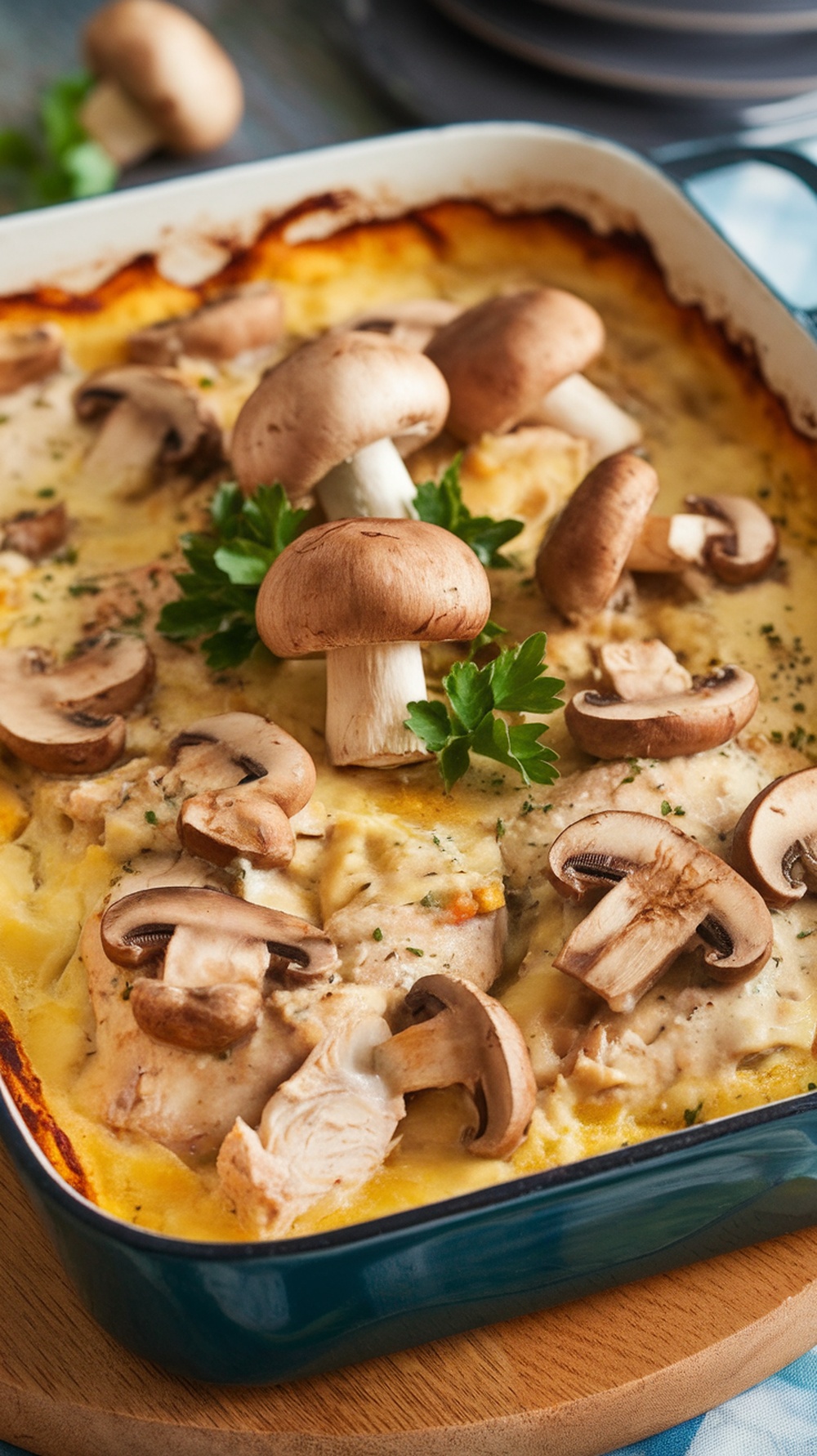 Creamy mushroom baked chicken in a dish with mushrooms and greenery