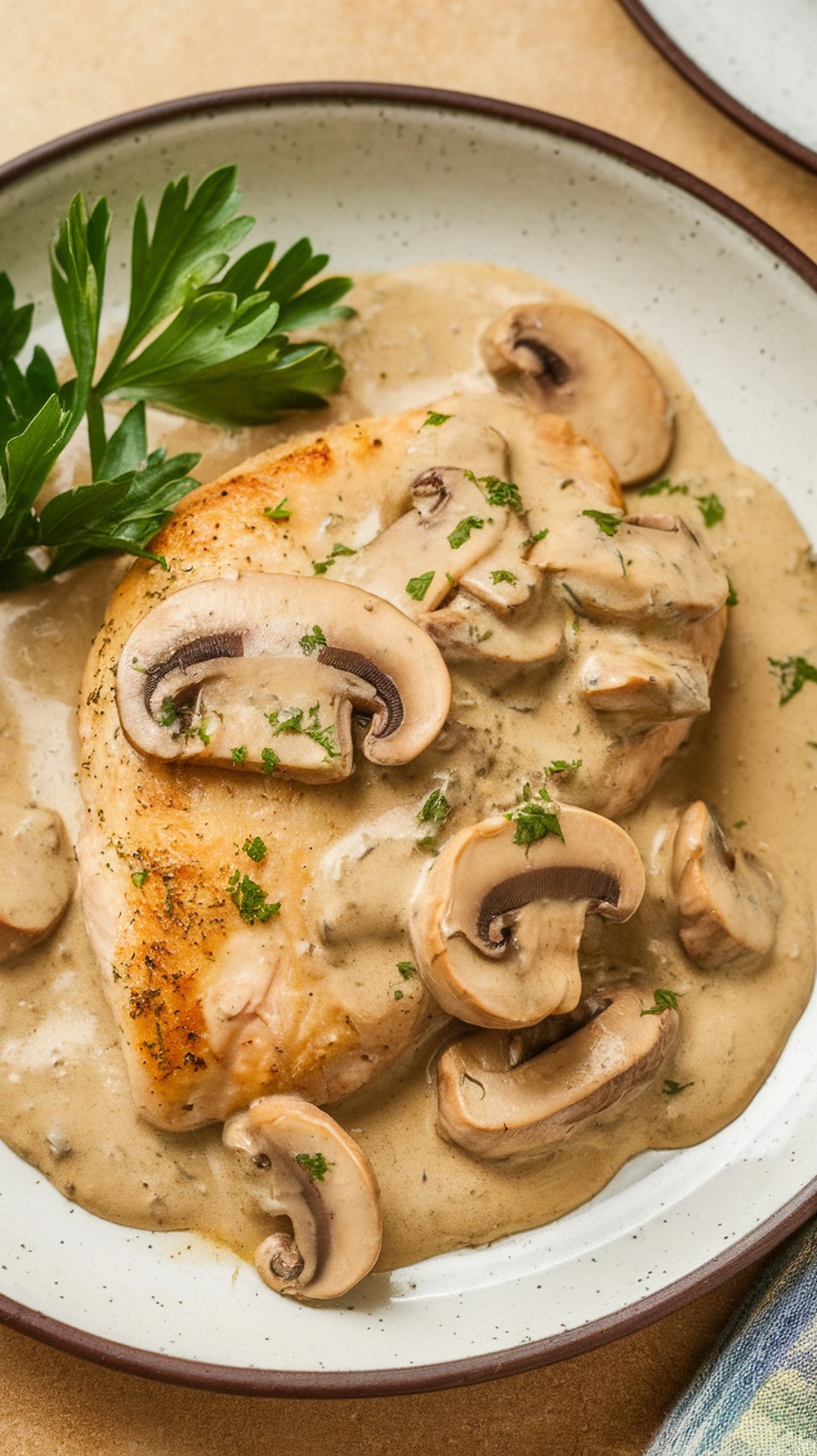 Creamy mushroom chicken breast on a plate with parsley garnish